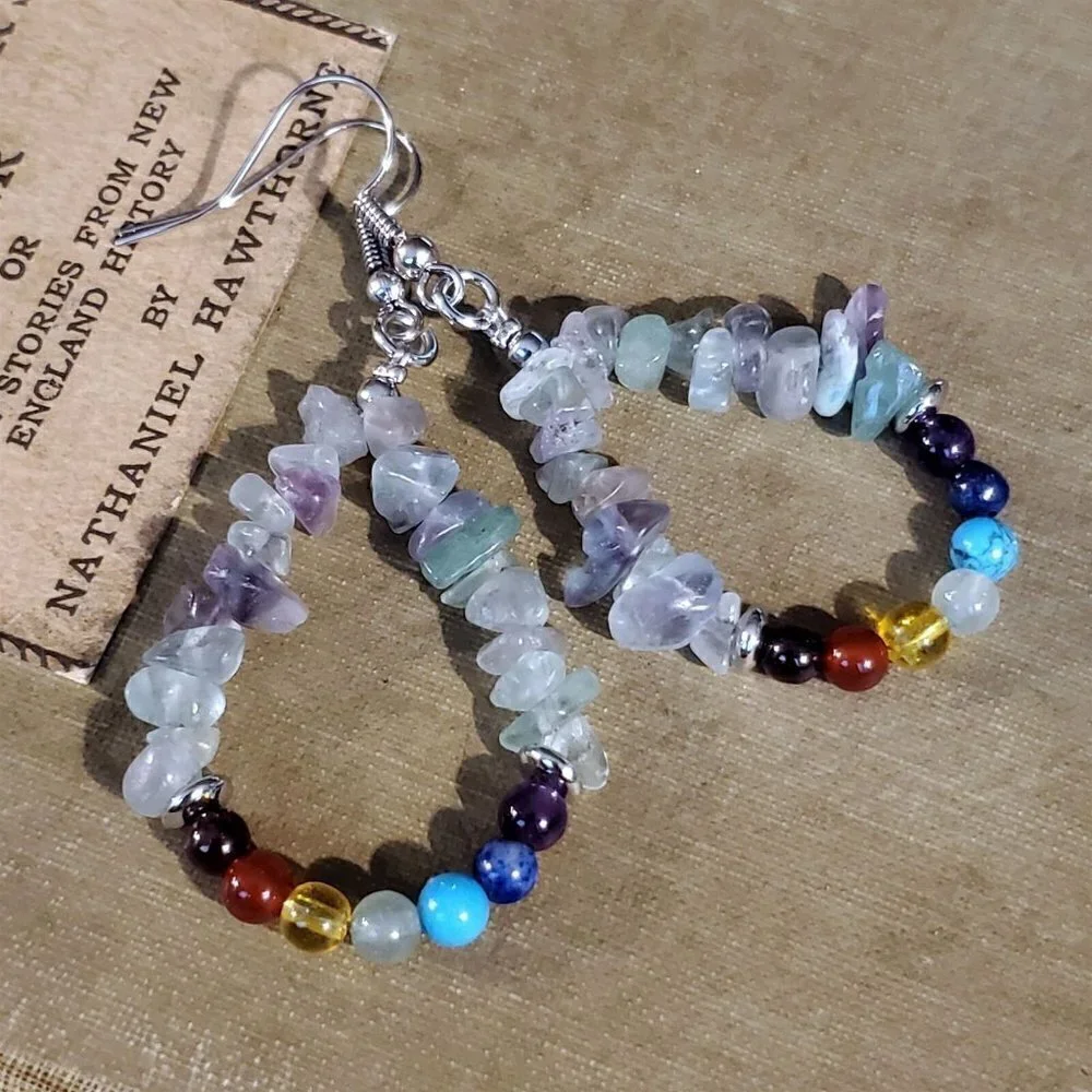 Artisan Rainbow Fluorite 7 Chakras Yoga Om Mindful Gemstone Teardrop Earrings